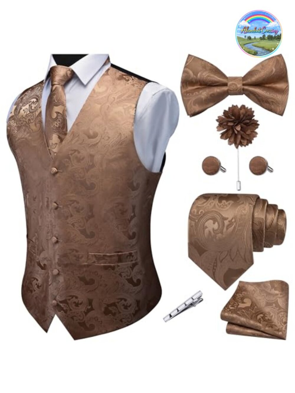 Men's V-Neck Paisley Jacquard Vest 7-Piece Set with Tie Bow Tie Hanky Formal